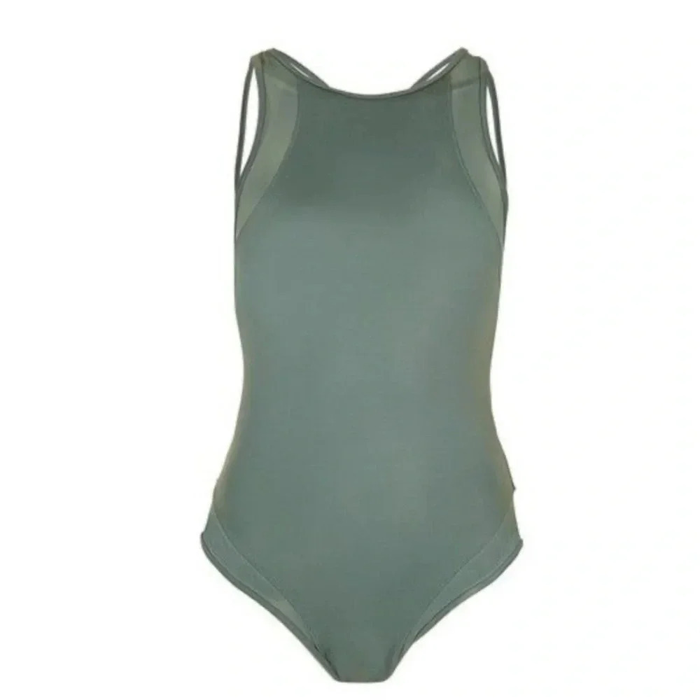 TopShop Olive Green One Piece Swimsuit High Neck Mesh Strapy Sexy Back Size 8